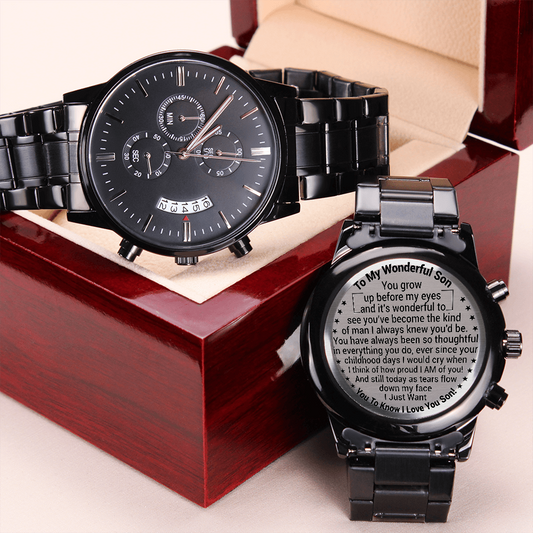 To My Son! Engraved Design Black Chronograph Watch!