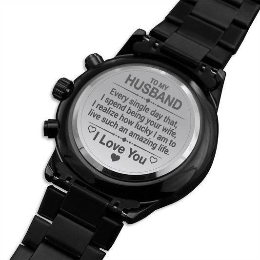 Engraved Design Black Chronograph Watch! To My HUSBAND!